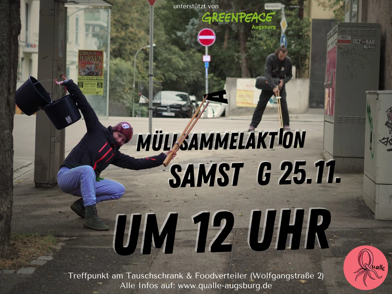 Ankündigungsplakat zur Müllsammelaktion am Samstag 25.11. um 12 Uhr, unterstützt von Greenpeace Augsburg; zwei Personen posieren mit Greifzangen und Eimer auf der Straße